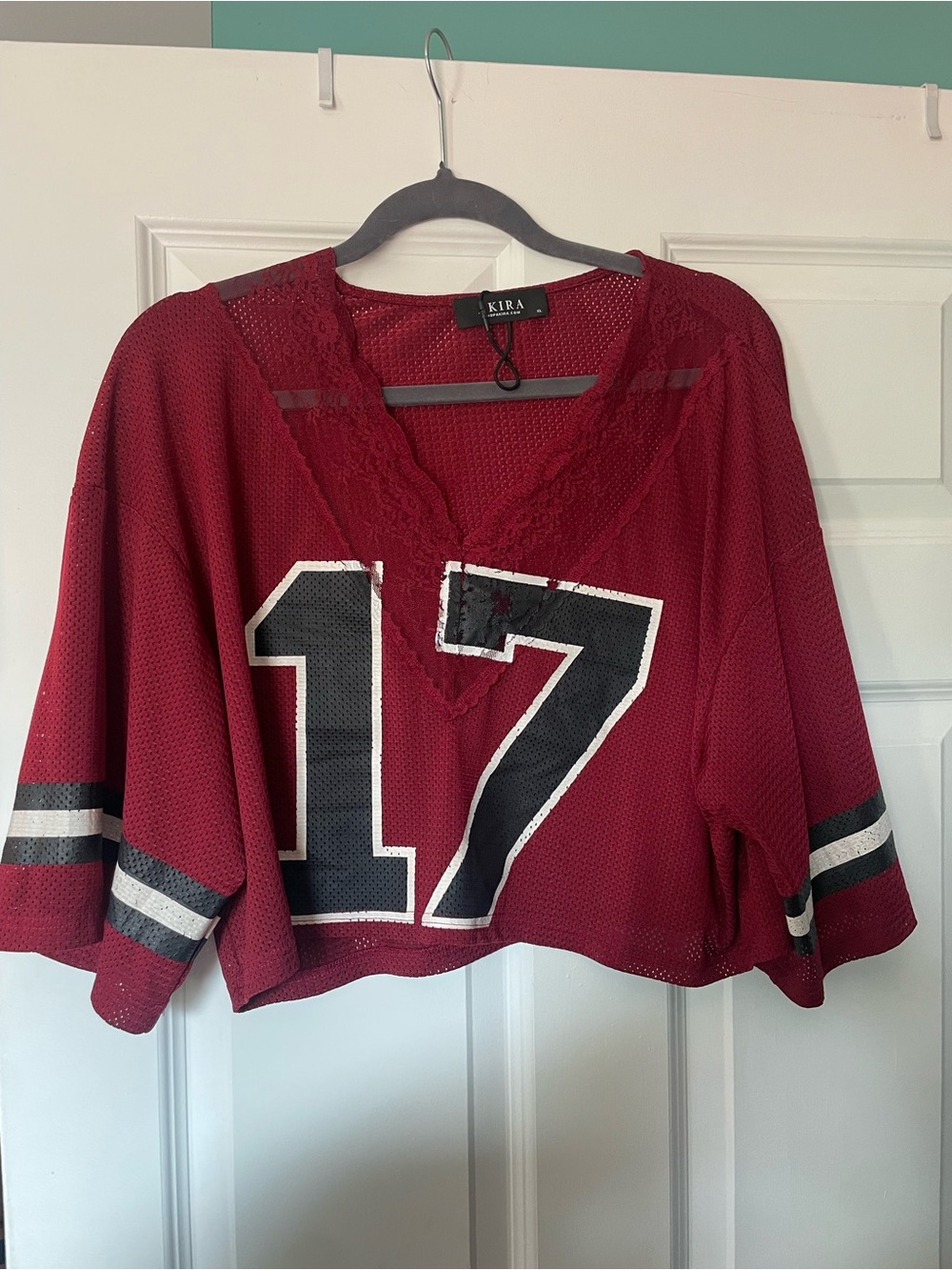 AKIRA Cropped Mesh Jersey Top in Wine Red with Black Numbers